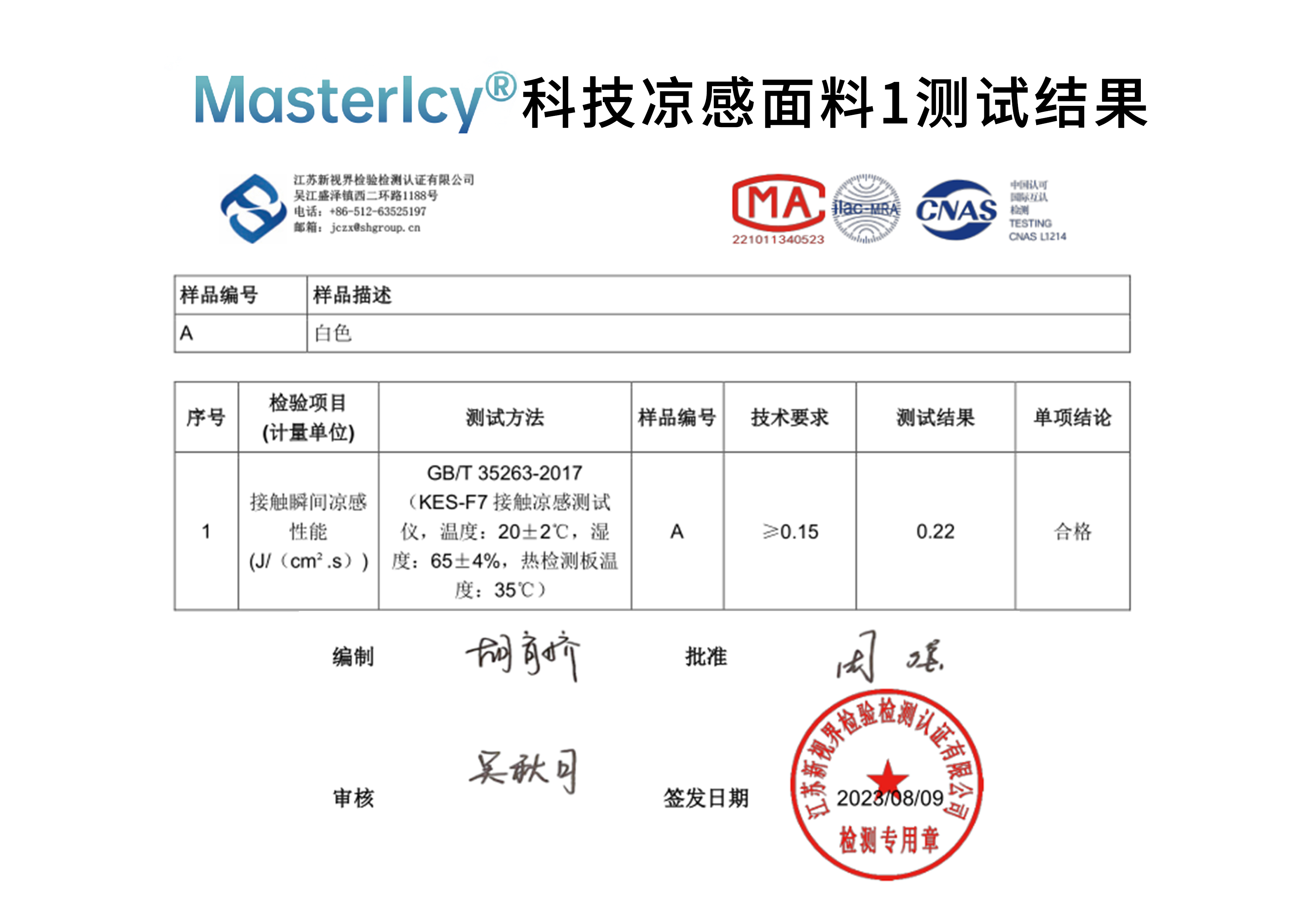 Mastericy?科技凉感面料1测试结果